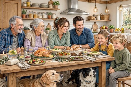 Happy multi-generational family gathering around a wooden table for a roast turkey dinner in a rustic kitchen, joined by their pet dogs under the table during a cozy family celebration.