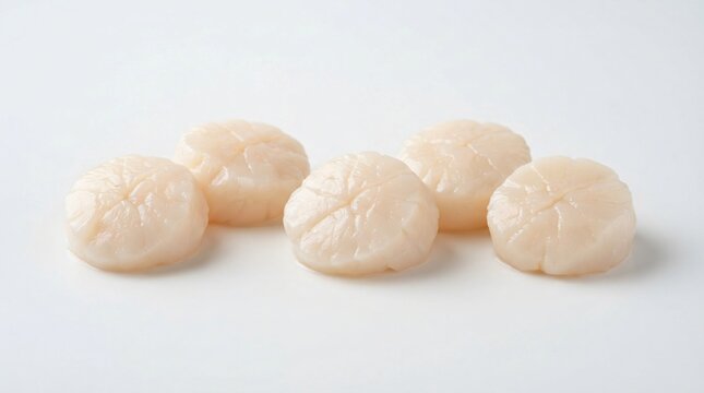 Five fresh raw sea scallops arranged in a group on a flat surface isolated on white background
