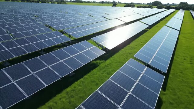 Solar panel array on green field renewable energy and technology concept