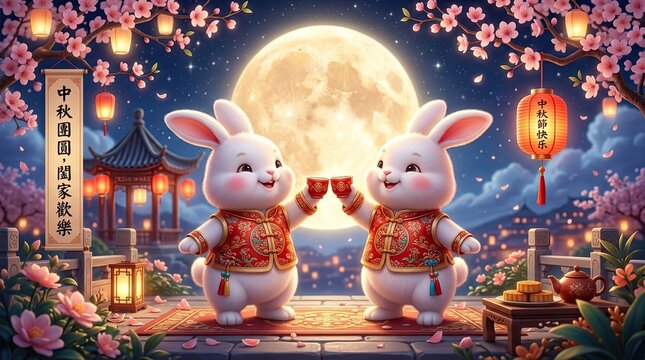Celebrating the mid autumn festival a radiant full moon adorable rabbits and vibrant lanterns illuminate a joyous and traditional celebration