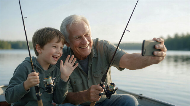 Active recreation weekend fishing with grandson, elderly American man with grandson video call with boy's parents, grandfather babysitting grandson, concept family care intergenerational connection