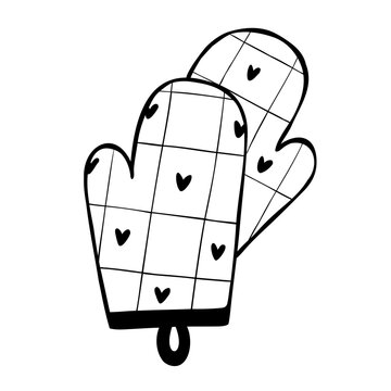 Hand-drawn vector clip art of cute oven mitts isolated on a white background. Line illustration for cooking blogs, stickers, or culinary print designs. Outline drawing of a pair of potholders. 