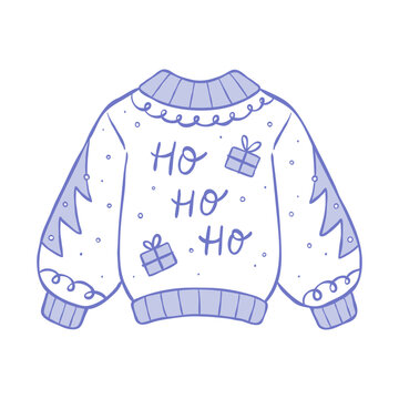 Hand-drawn vector line illustration of sweater with festive Christmas print. Outline clip art of oversized jumper with gift boxes, fir trees and handwritten Ho-ho-ho phrase. Design for winter sticker
