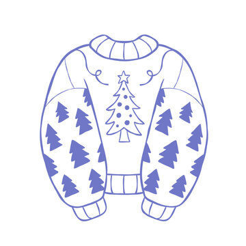 Hand-drawn vector line illustration of a pullover with festive Christmas print. Outline clip art of oversized sweater fir tree pattern. Design for sticker, winter fashion poster, or print.