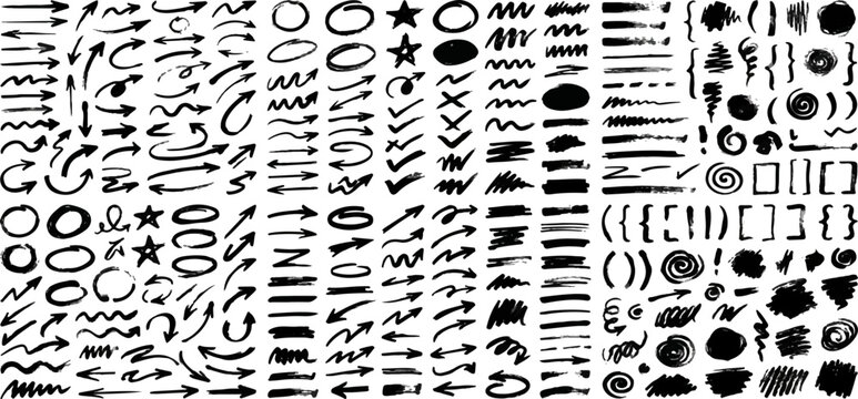 Extensive collection of hand drawn arrows markers circles and scribble design elements with ink shapes brush strokes hand sketched marker strokes design tools