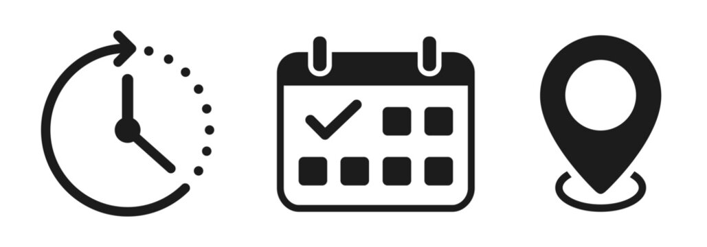 Time date and address icon set, clock, calendar and location pin, business schedule reminder signs, event planning details, meeting deadlines, appointment scheduling