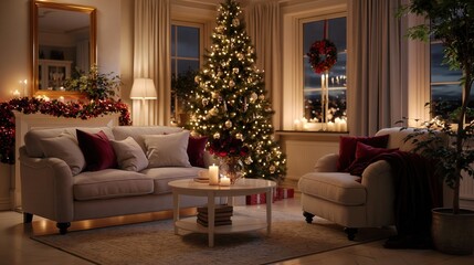 Obraz premium Cozy living room with illuminated Christmas tree, glowing fireplace, candles, plush seating, textured throws, festive decor, warm ambient light, and elegant winter home atmosphere