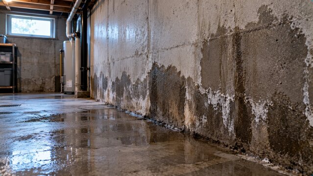 Wet concrete basement wall and floor with water streaks and efflorescence from water intrusion.