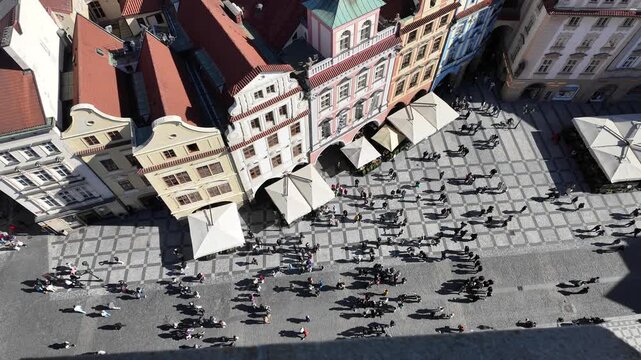 Aerial panorama of the red rooftops of Prague old town