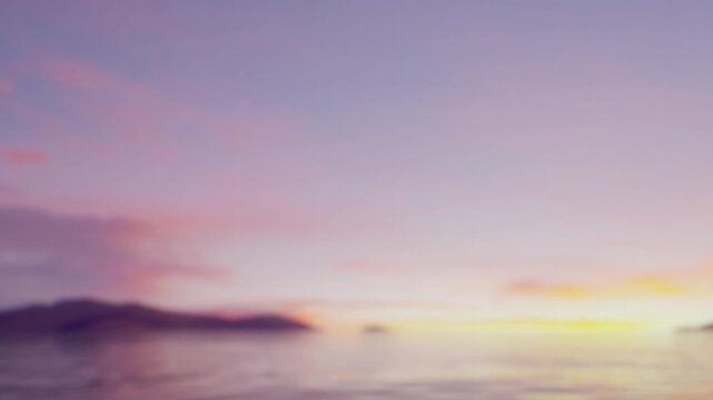 Soft hues of pink and purple dance across the sky as the sun sets over the calm sea. Gentle waves lap against the shore, revealing distant islands that fade into the horizon.