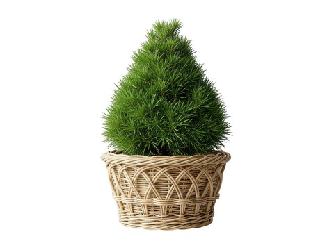 Small pine tree in woven basket isolated on transparent background