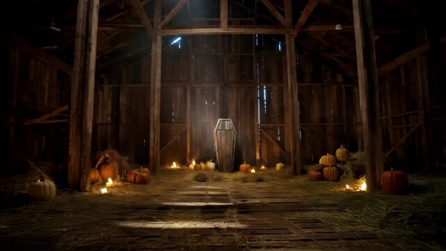 Dim Candlelit Wooden Barn Interior With Coffin Centerpiece.