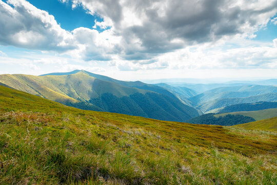 Carpathian mountain landscape in summer. scenic view of Transcarpathia region from Stiy summit. hiking trail through Borzhava range. grassy hill in dappled light