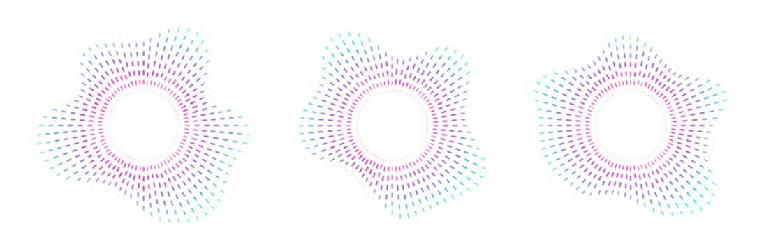 Digital audio spectrum dots for music app UI. Cyan neon circular frequency wave frames. Vector illustration.