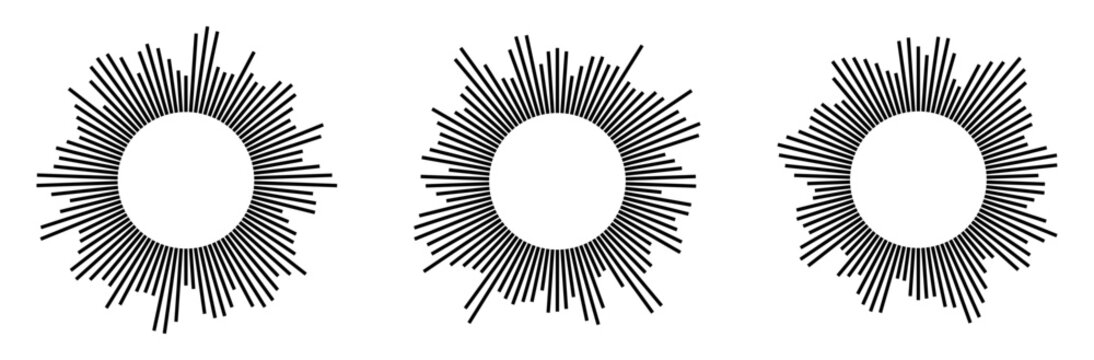 Podcast sound equalizer bars set for radio and music UI. Minimalist circular audio rhythm waves. Vector illustration