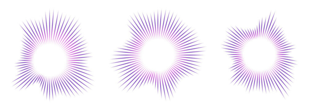 DJ audio visualizer pulse symbols. Purple radiating circular music frequency and beat waves. Vector illustration.