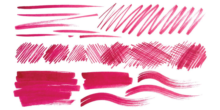 Set of pink marker strokes and hand drawn pencil scribbles for artistic design elements