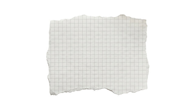 Vintage torn graph paper sheet, ripped white checkered notebook page texture, retro grid stationery element isolated on Transparent Background