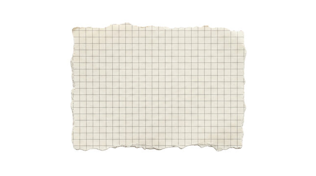 Vintage graph paper sheet, torn grid notebook page texture, retro square math stationery piece for creative design isolated on Transparent Background