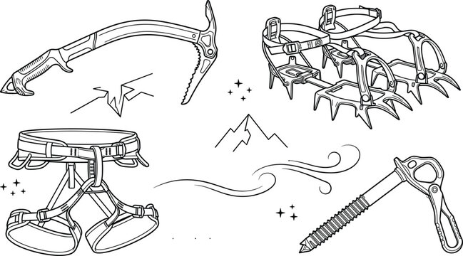 Mountaineering Ice Axe Crampons Harness and Ice Screw Line Art Vector Set
