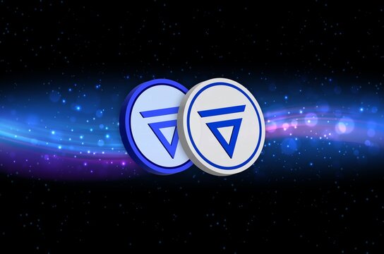 velas-vlx cryptocurrency logos on digital background. 3d illustrations.
