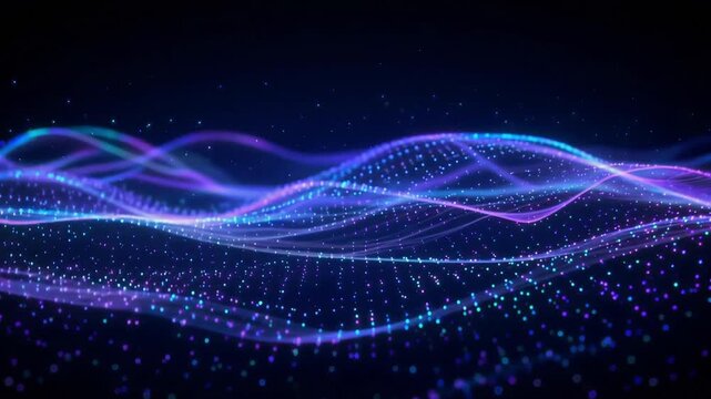 Abstract blue and purple glowing particle waves flowing across dark space digital motion background video clip