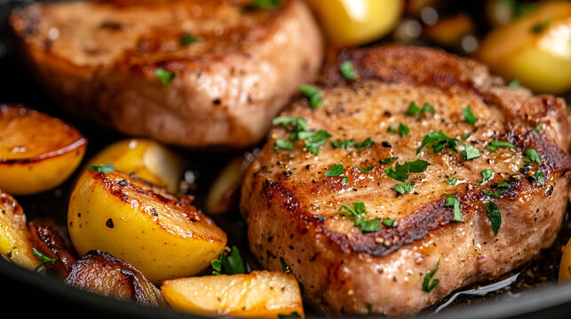 Pan Seared Pork Chops With Caramelized Apples and Onions