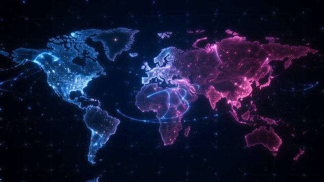Glowing digital world map animation showing global data network connectivity streams in blue and pink motion