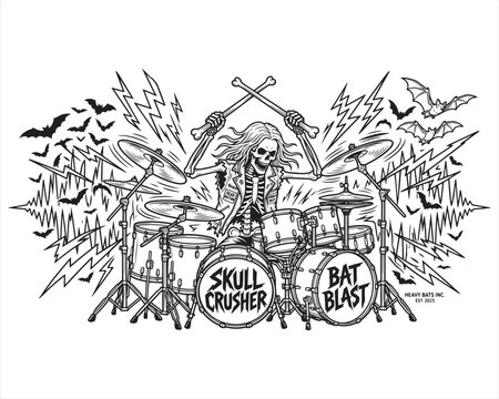 Skeleton Rocker Playing Drums Heavy Metal Drummer Vintage Vector Illustration