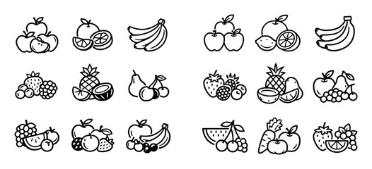 Obraz premium Fresh fruits and natural produce icon set with apples pile citrus mix and ripe bananas for mobile app design in monoline style