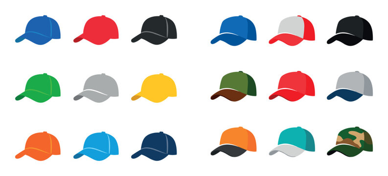 Mens cap and headwear style icon set with curved visor clean stitching and structured crown for branding projects in colorful filled vector style