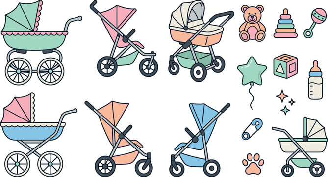 Cute Baby Stroller Icon Set with Newborn Prams, Teddy Bear, Feeding Bottle, Nursery Toys, and Pastel Childhood Vector Elements