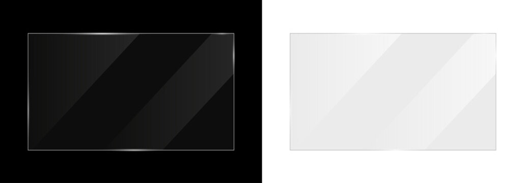 Shiny glass plate, rectangular window with mirror effect, transparent shine glass with reflection light