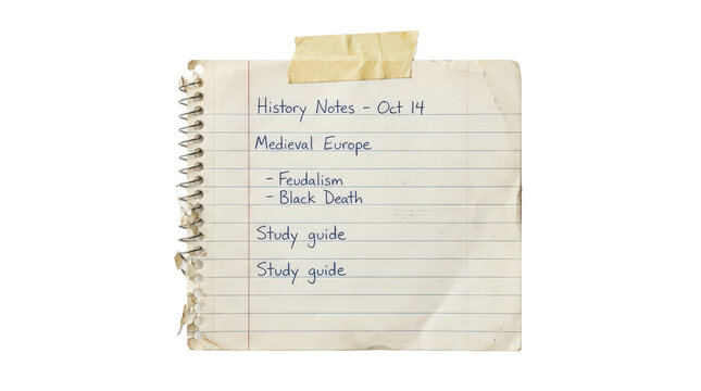 Notebook paper with history notes taped on white isolated on transparent background