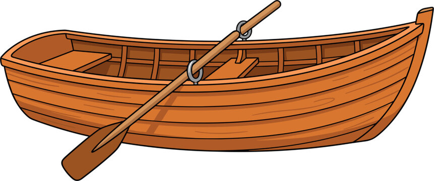 Wooden rowboat with single paddle vector illustration isolated on white background vintage style small boat for fishing and lake recreation