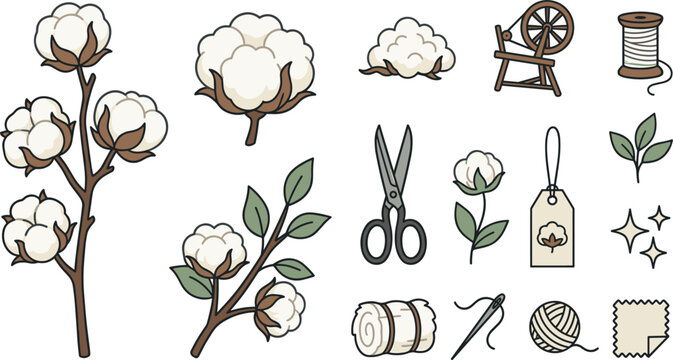 Natural Cotton Plant Icon Set with Raw Fluffy Pods, Spinning Wheel, Fabric Roll, Sewing Tools, and Organic Textile Material Vector Elements