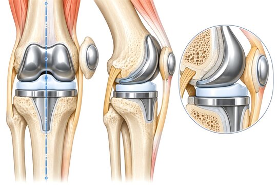 Total knee replacement arthroplasty implant components diagram, orthopedic surgical illustration