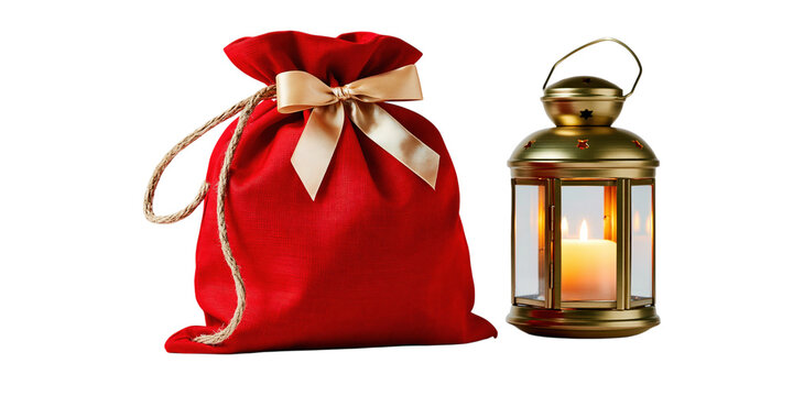 Red fabric gift sack with gold ribbon and glowing vintage lantern isolated on transparent background PNG element