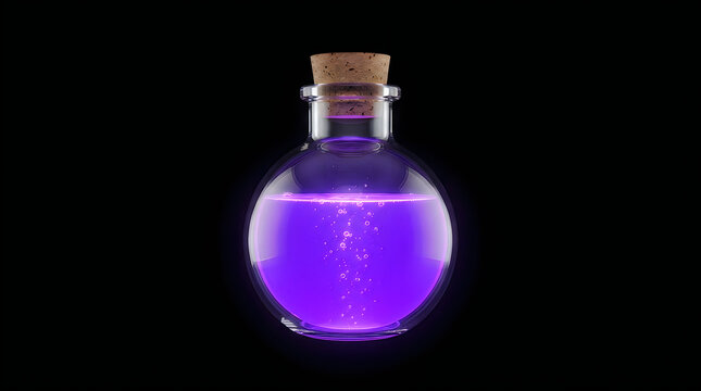 Potion bottle containing magical purple liquid on isolated black background asset.
