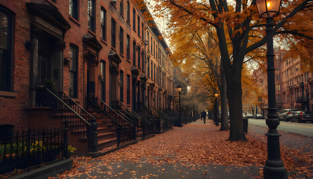 Picturesque city street with brick brownstone buildings and vibrant autumn leaves.