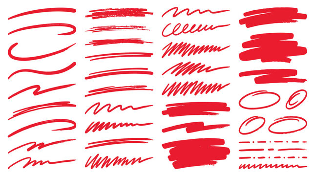 Set of hand drawn red highlighter brush strokes and marker lines for digital annotation design