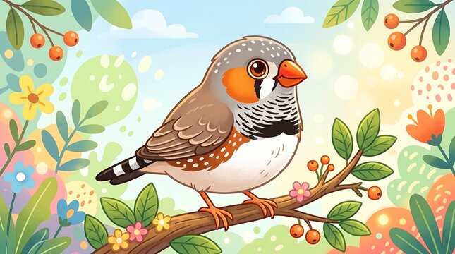 Zebra finch illustration on tree branch, cute songbird in spring garden, colorful avian character for children's books