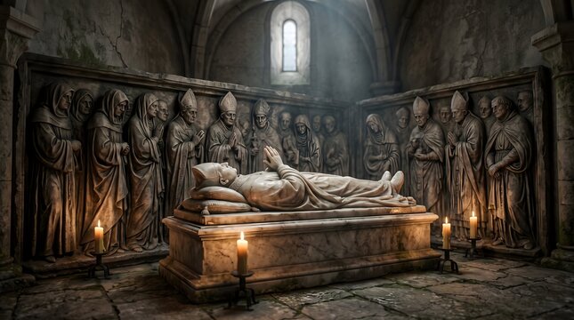 Ancient marble funerary relief of a recumbent figure in a dimly lit stone chapel