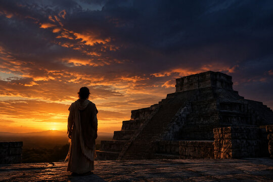 Lone figure before ancient ziggurat ruins at twilight, heritage and contemplation concept