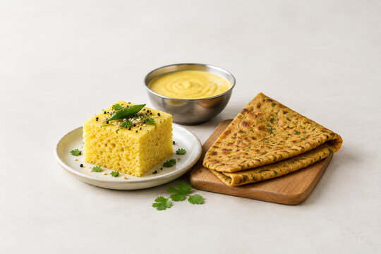 Steamed dhokla square with thepla flatbread and chickpea batter bowl, retail food display