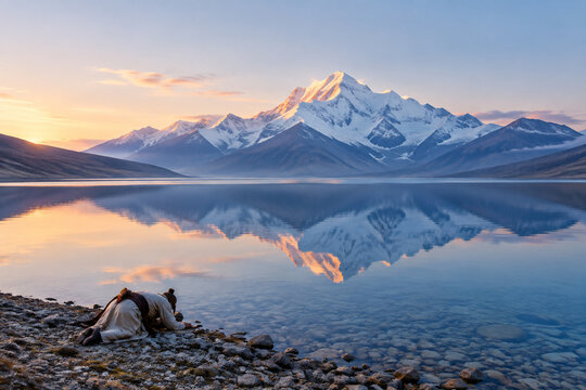 A figure prostrates on the shore of an alpine lake towards a distant mountain.