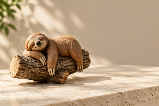 Wooden sloth figurine hanging on tree branch, nature craft concept