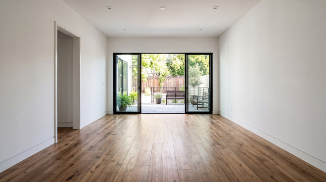 Modern empty living room apartment interior with large glass doors opening to a sunny outdoor terrace