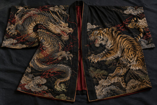An unfolded kimono with embroidered dragon and tiger pattern on dark fabric.