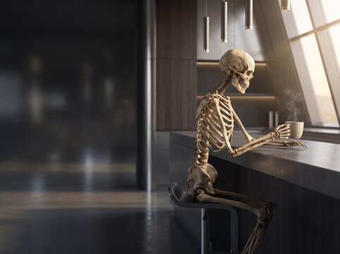 Anatomical human skeleton sitting at kitchen island drinking coffee, 3D render of bones near window, macabre lifestyle illustration, dark interior